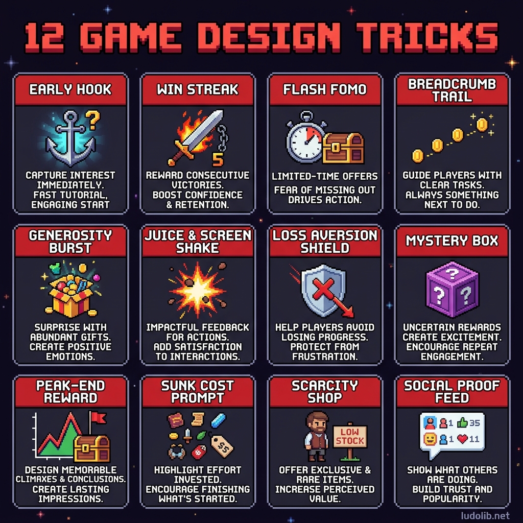 Diagram of 12 Game Design Tricks leveraging player psychology