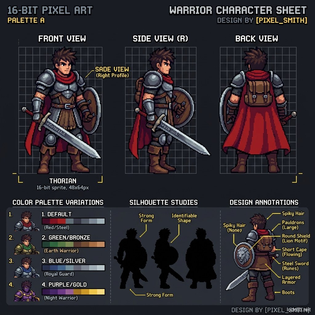Bảng thiết kế nhân vật chiến binh fantasy: góc nhìn trước-bên-sau, biến thể màu sắc, nghiên cứu silhouette