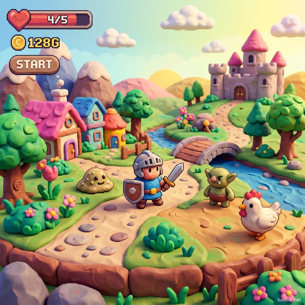 Cảnh game claymation: nhân vật và môi trường bằng đất sét màu sắc rực rỡ, bề mặt có vân ngón tay, ánh sáng stop-motion ấm áp