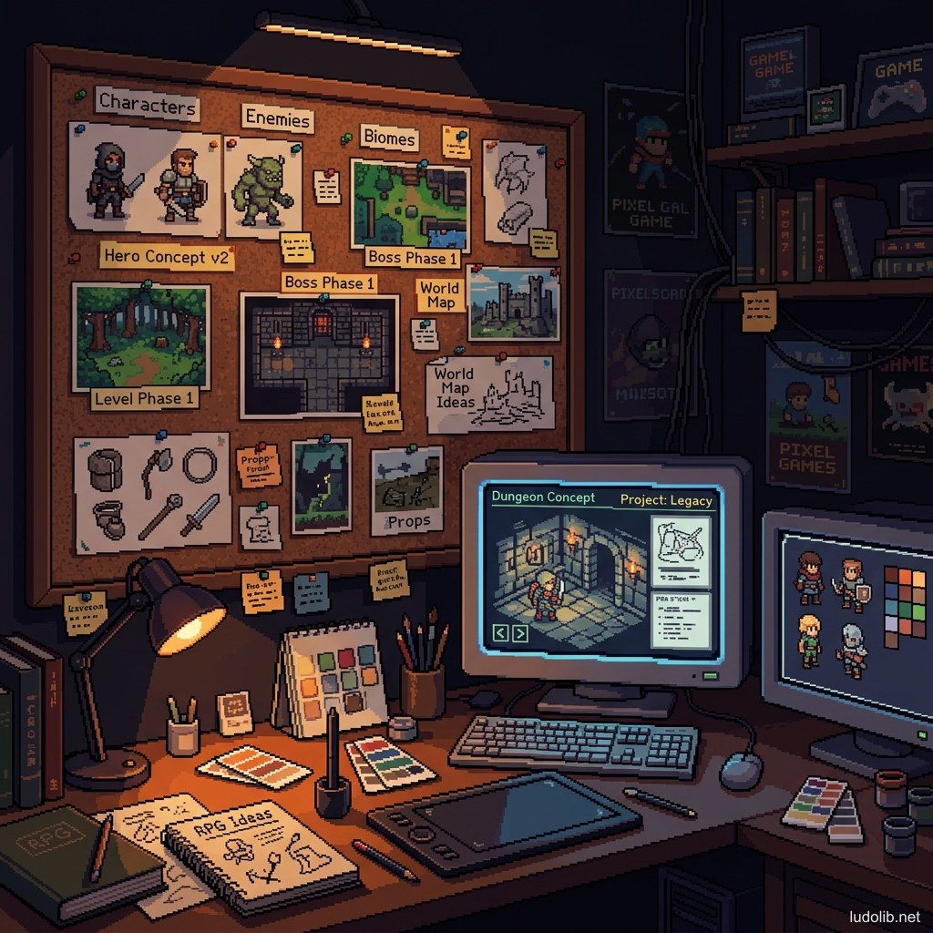 Không gian làm việc của một Concept Artist với các bản phác thảo nhân vật và môi trường được ghim lên bảng