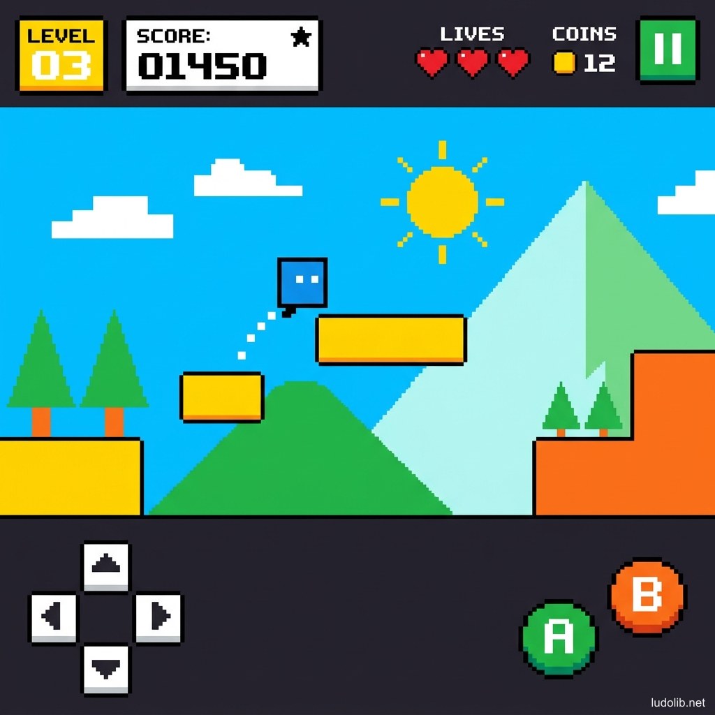 Game flat design: các hình học đậm màu sắc, nhân vật là hình đơn giản phẳng, không bóng đổ, palette màu tươi sáng giới hạn