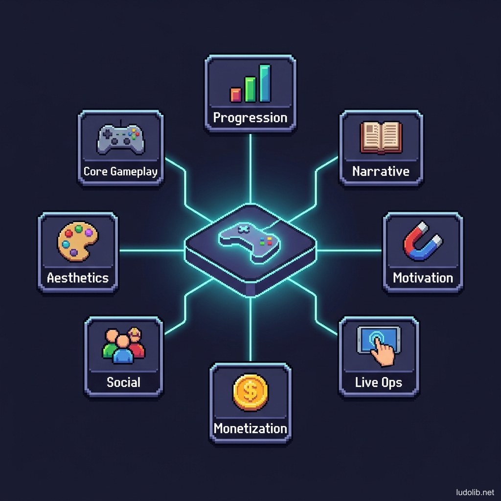 Mind map diagram of the 9 core aspects of Game Design