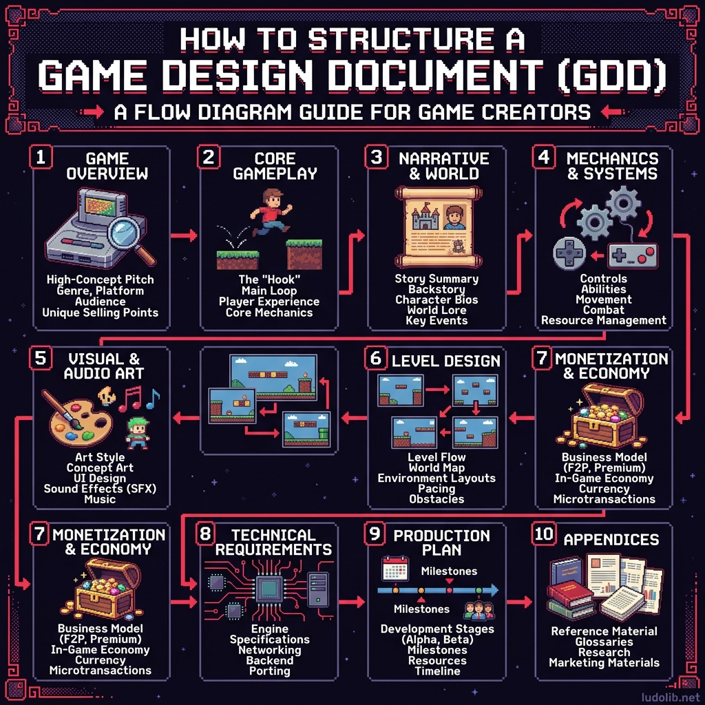 Diagram of the 10-part Game Design Document (GDD) structure