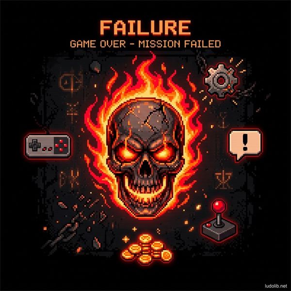 10 Bad Tips That Kill Your Game — a high contrast 16-bit pixel art illustration showing a burning skull in the center representing failure or danger, surrounded by pixel game design icons
