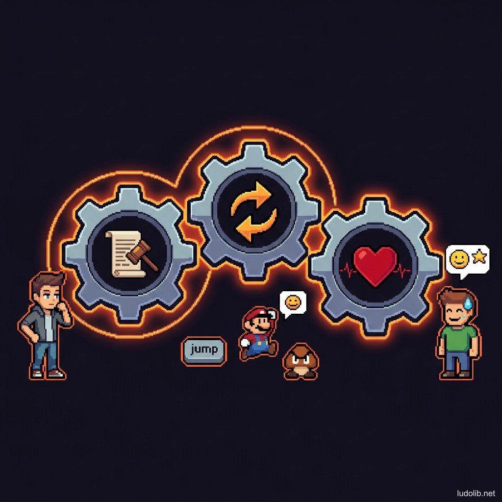 Illustration of game mechanics system connecting gears and loops