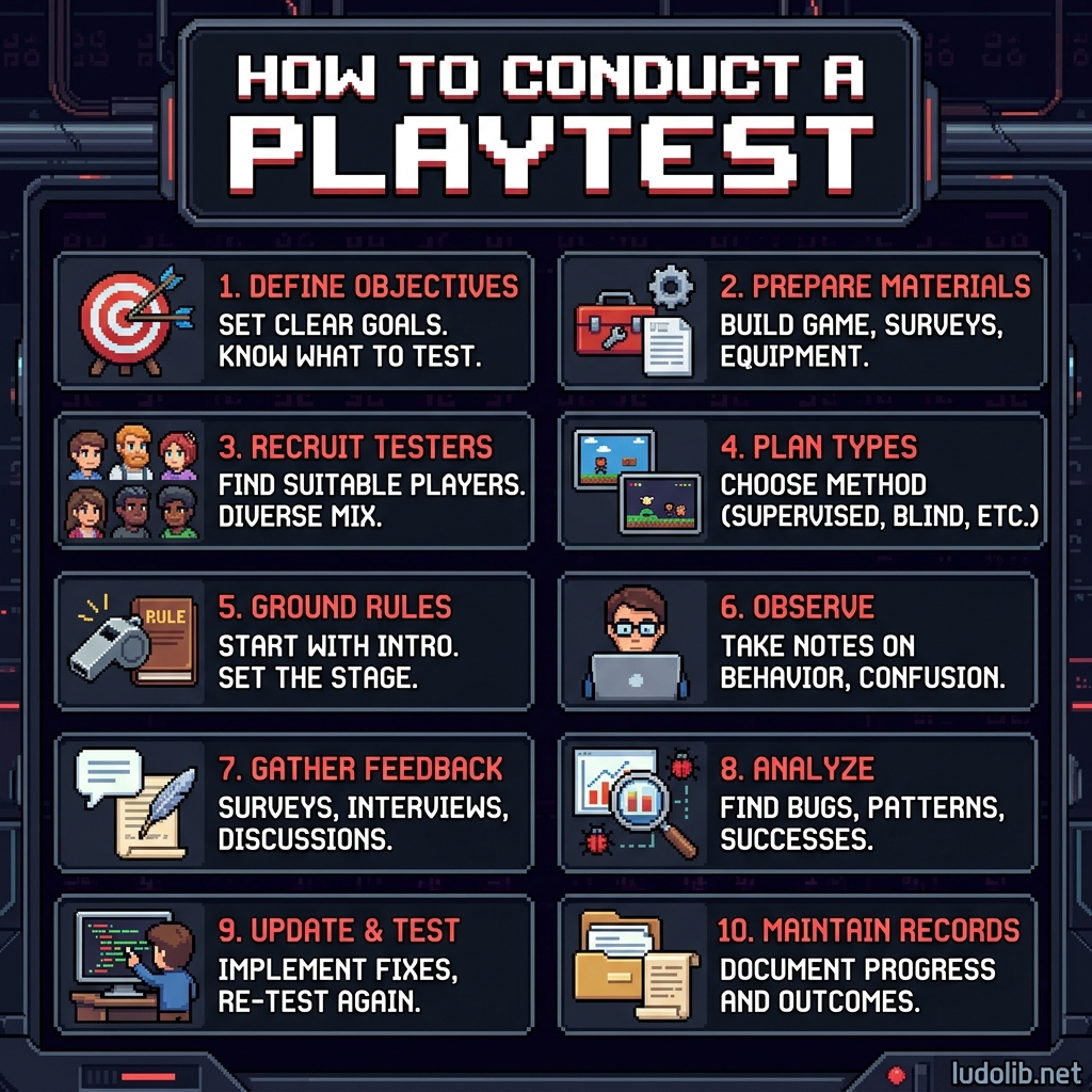 Diagram of the 10-step professional game playtest process