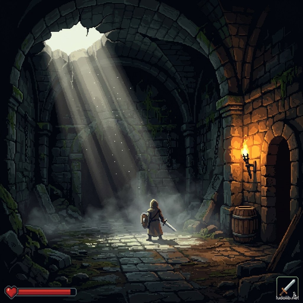 Cảnh dungeon với god rays xuyên qua vết nứt trần nhà, torchlight ấm áp ở góc phải, bóng tối bí ẩn che khuất các góc