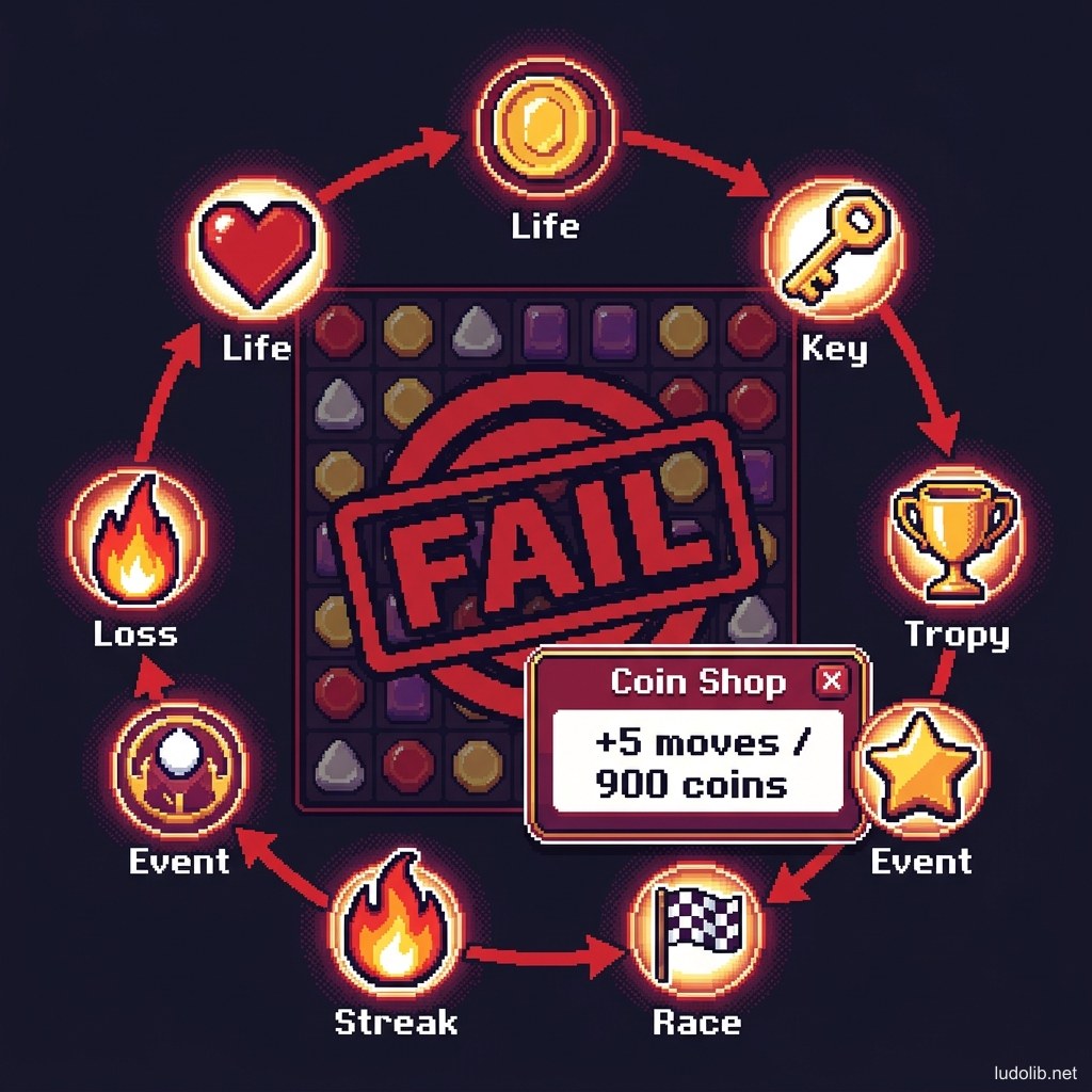 Diagram showing the 6 layers of Loss Aversion psychological pressure when failing a mobile puzzle game level