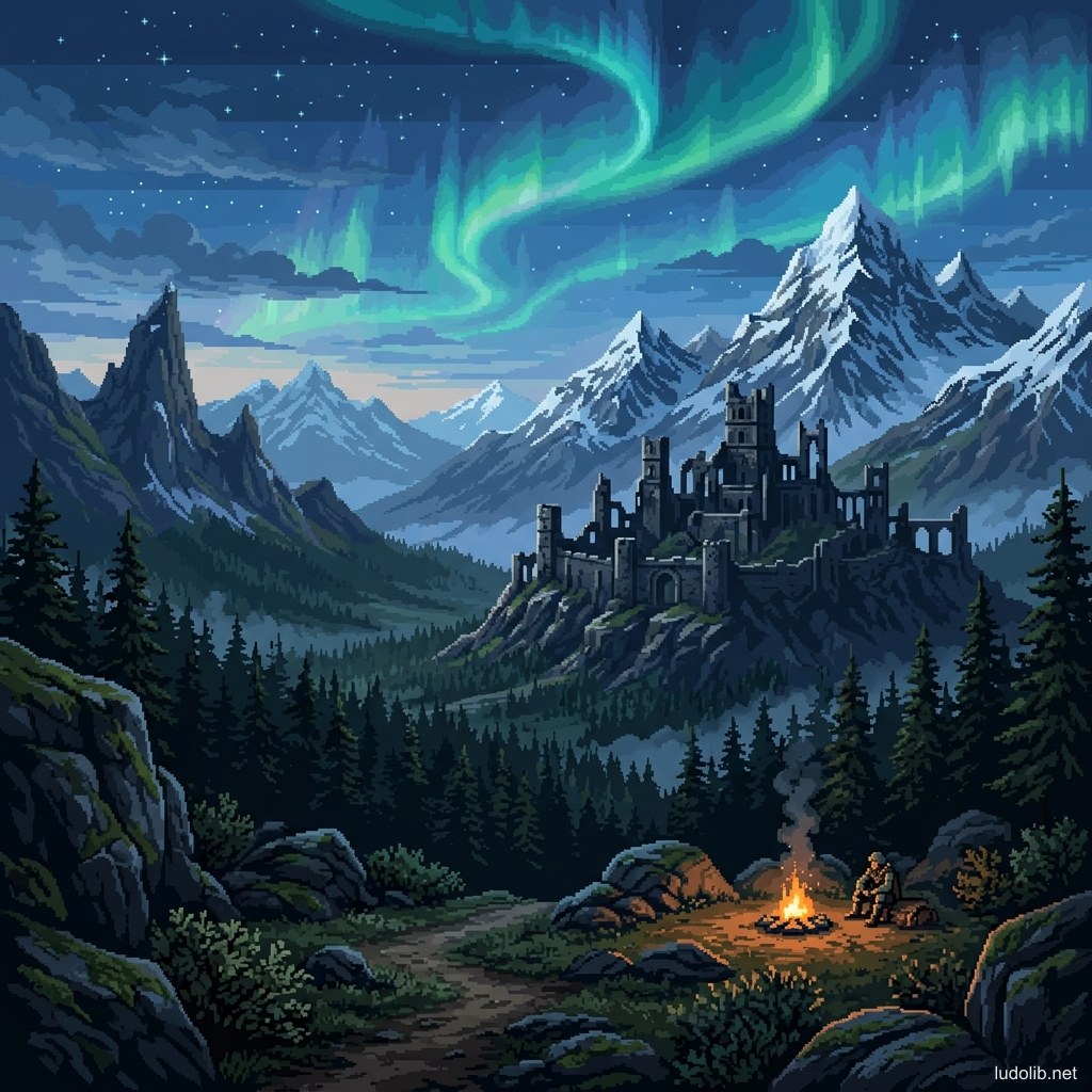 Matte painting background của cảnh landscape fantasy: núi đá cổ đại với tàn tích, bầu trời aurora, chiều sâu từ cận cảnh đến hậu cảnh