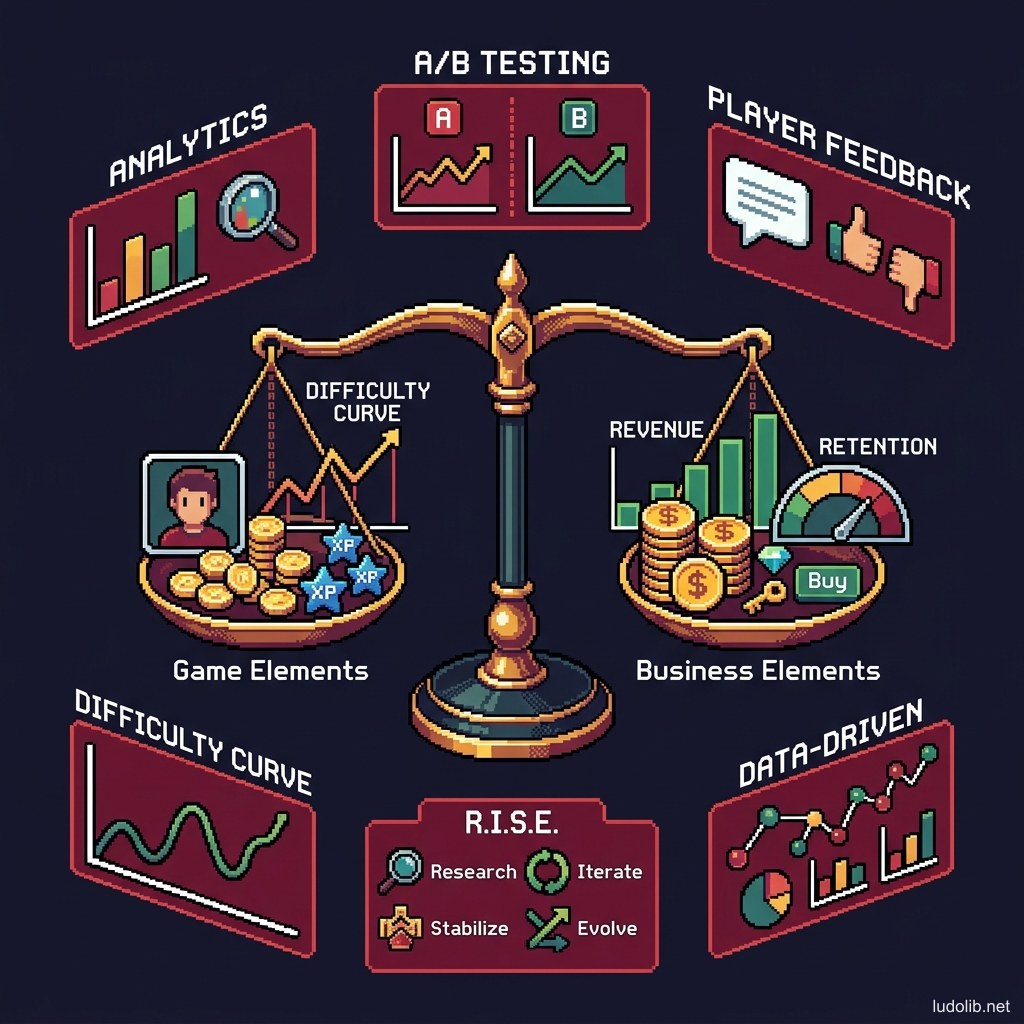 Diagram of the 6 steps and 4 economic pillars for balancing mobile game difficulty
