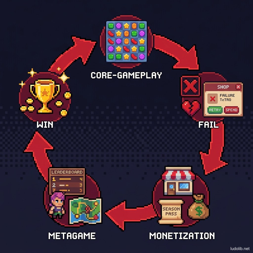Diagram analyzing the 5 core nodes of a mobile game loop: Gameplay, Metagame, Monetization, Progression