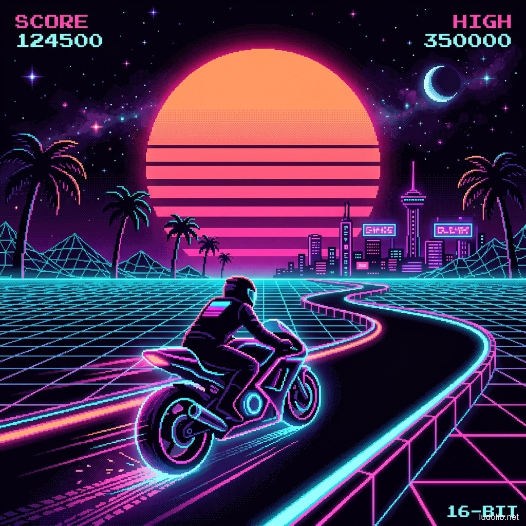 Cảnh synthwave: nền tối tím-đen, sàn lưới perspective, neon hồng và cyan, bóng nhân vật silhouette, mặt trời kẻ sọc ngang