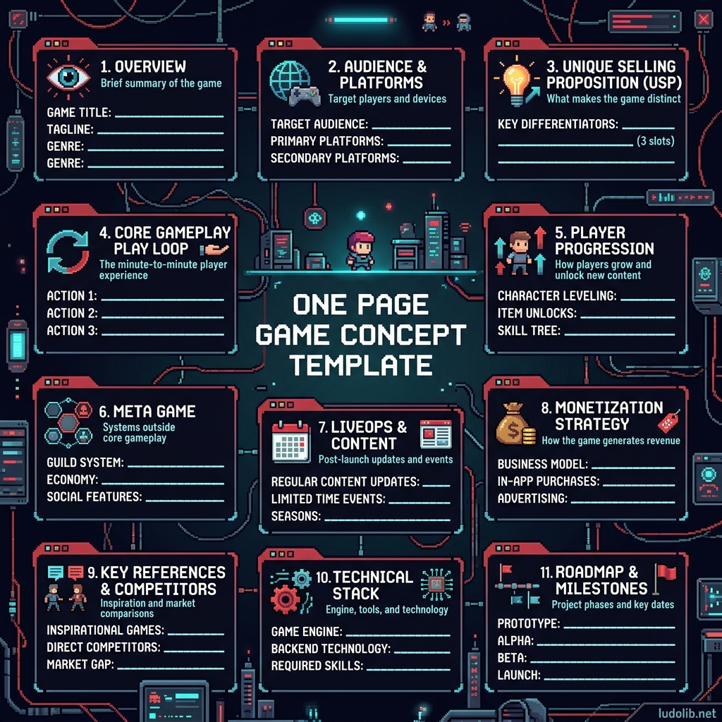 One Page Game Concept template with 11 industry-standard sections