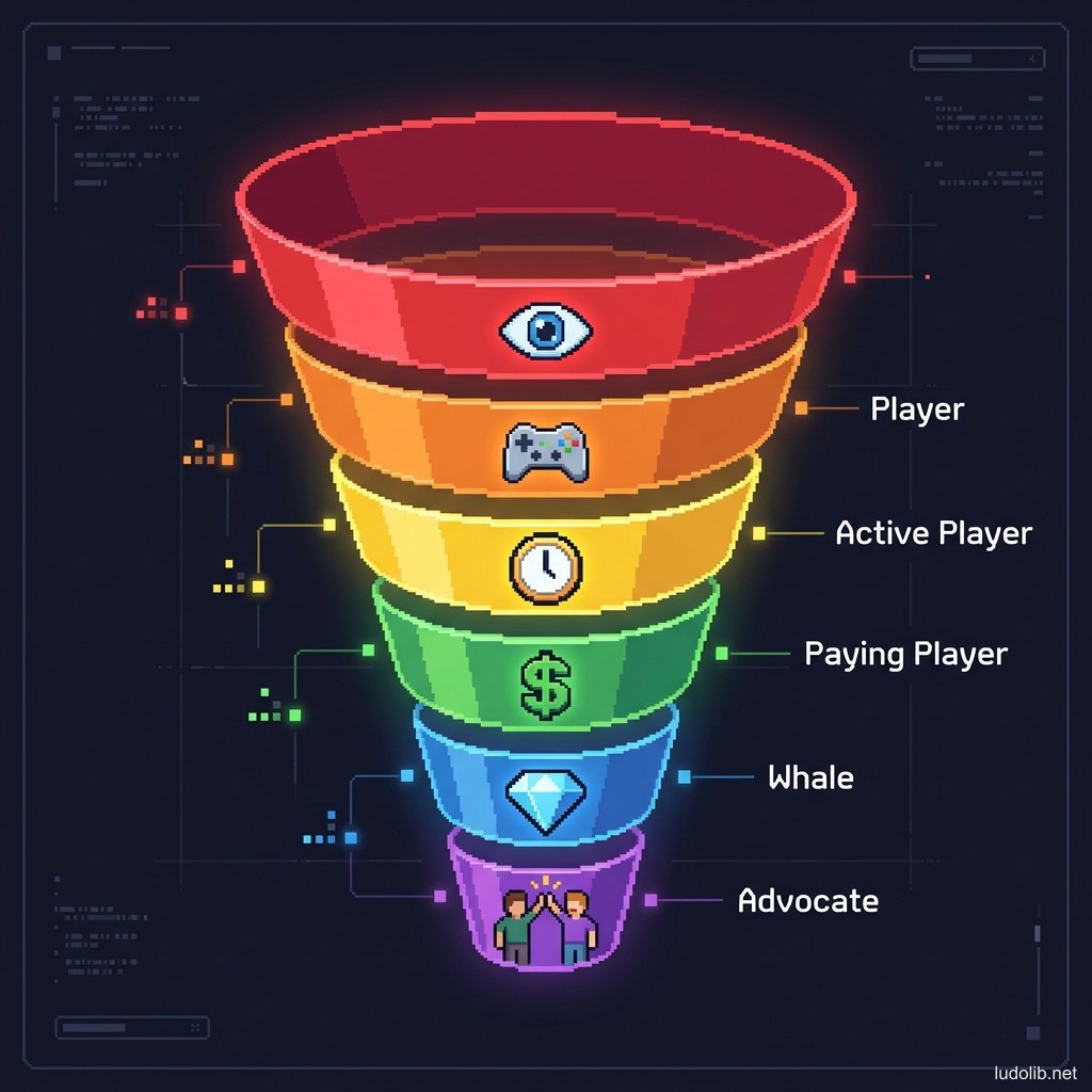 Illustration of the 6-stage Player Journey Funnel
