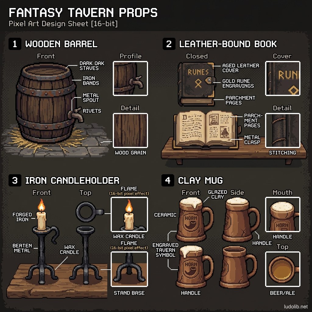 Bảng thiết kế đạo cụ quán rượu fantasy: thùng gỗ, sách phép, đế nến sắt, cốc đất nung — nhiều góc nhìn và ghi chú vật liệu