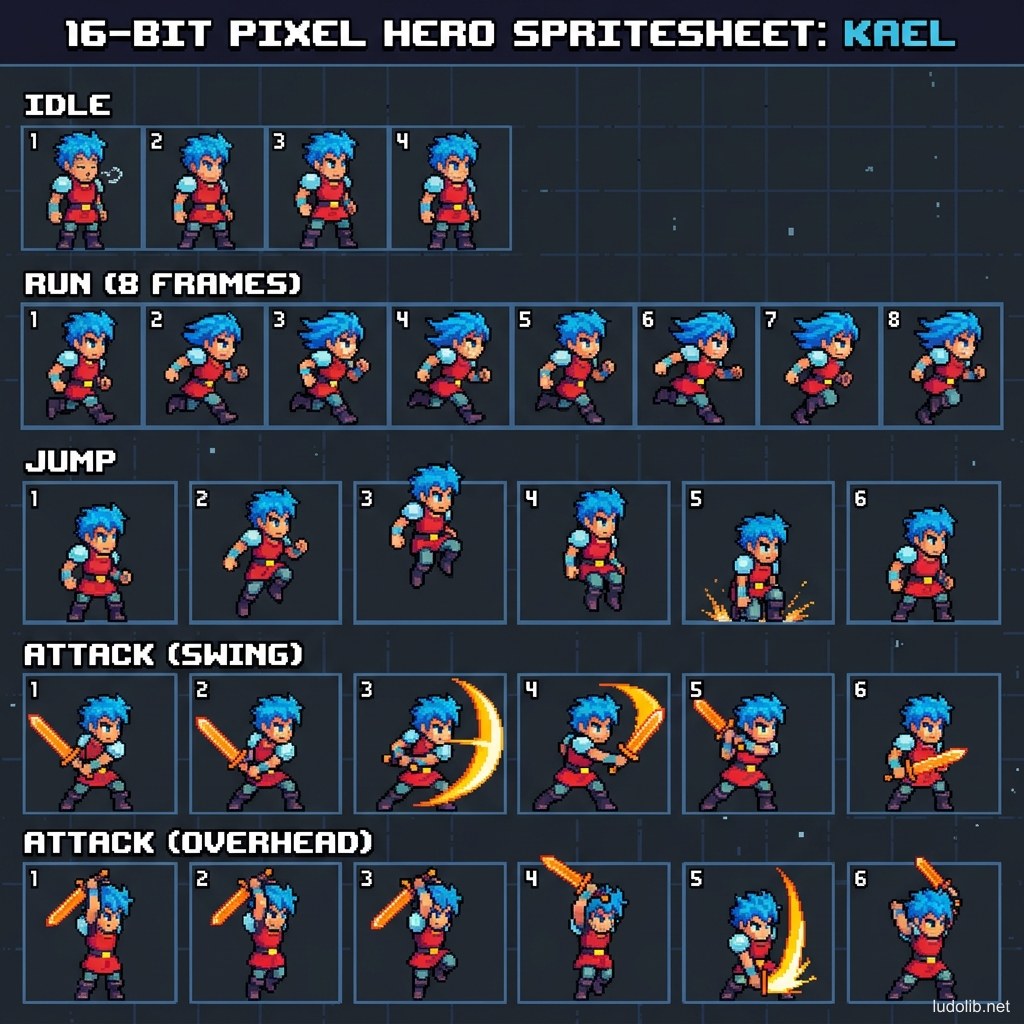 Sprite sheet minh họa các frame animation của nhân vật pixel art: idle, chạy, nhảy, tấn công được sắp xếp trên lưới