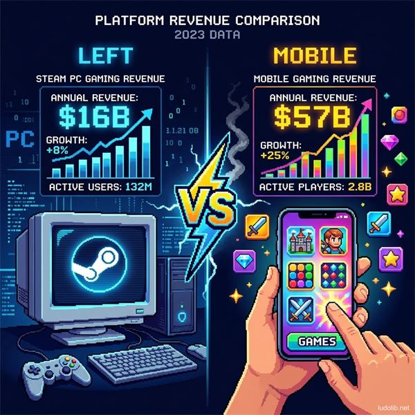 Steam vs Mobile 2025 comparison — pixel art split-screen showing PC platform versus mobile platform market data