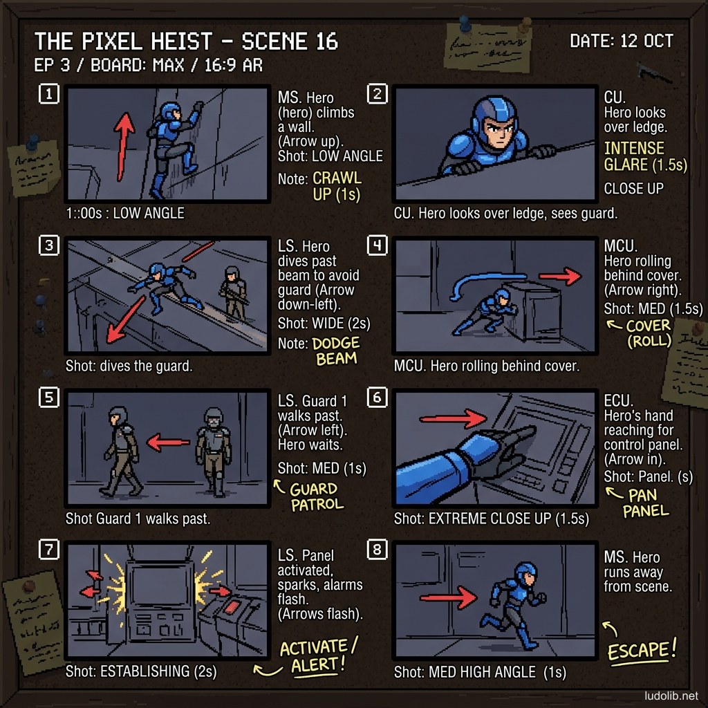 Tờ storyboard phân cảnh với các khung hình phác thảo góc máy, mũi tên chỉ hướng chuyển động và ghi chú thời gian