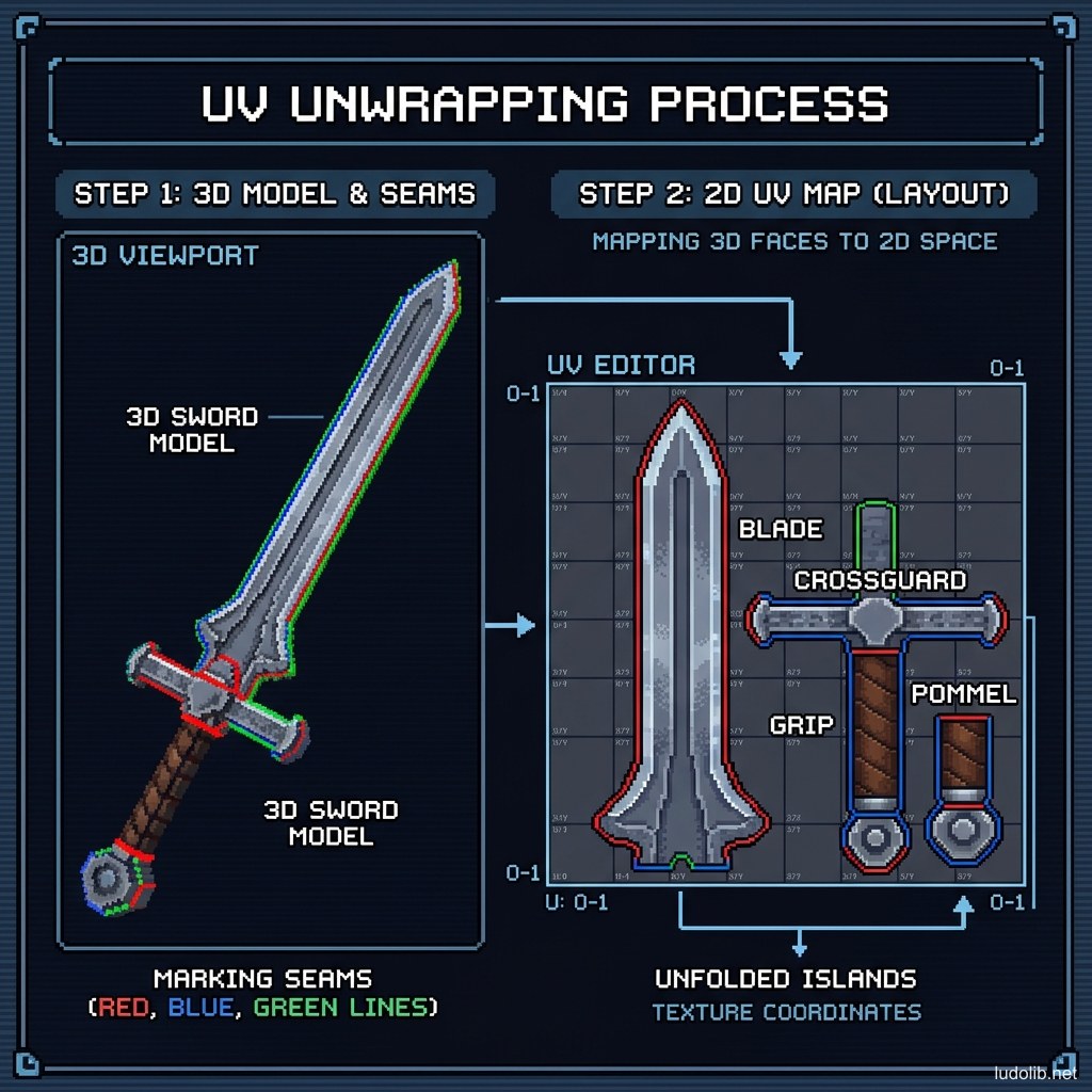 Sơ đồ quy trình UV Unwrap: mô hình kiếm 3D bên trái được "mở bung" thành layout UV phẳng bên phải với các đường seam màu sắc