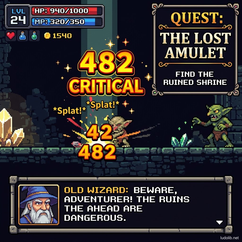 Game interface showing various typefaces: damage numbers flying up, quest title, minimal HUD and character dialogue box