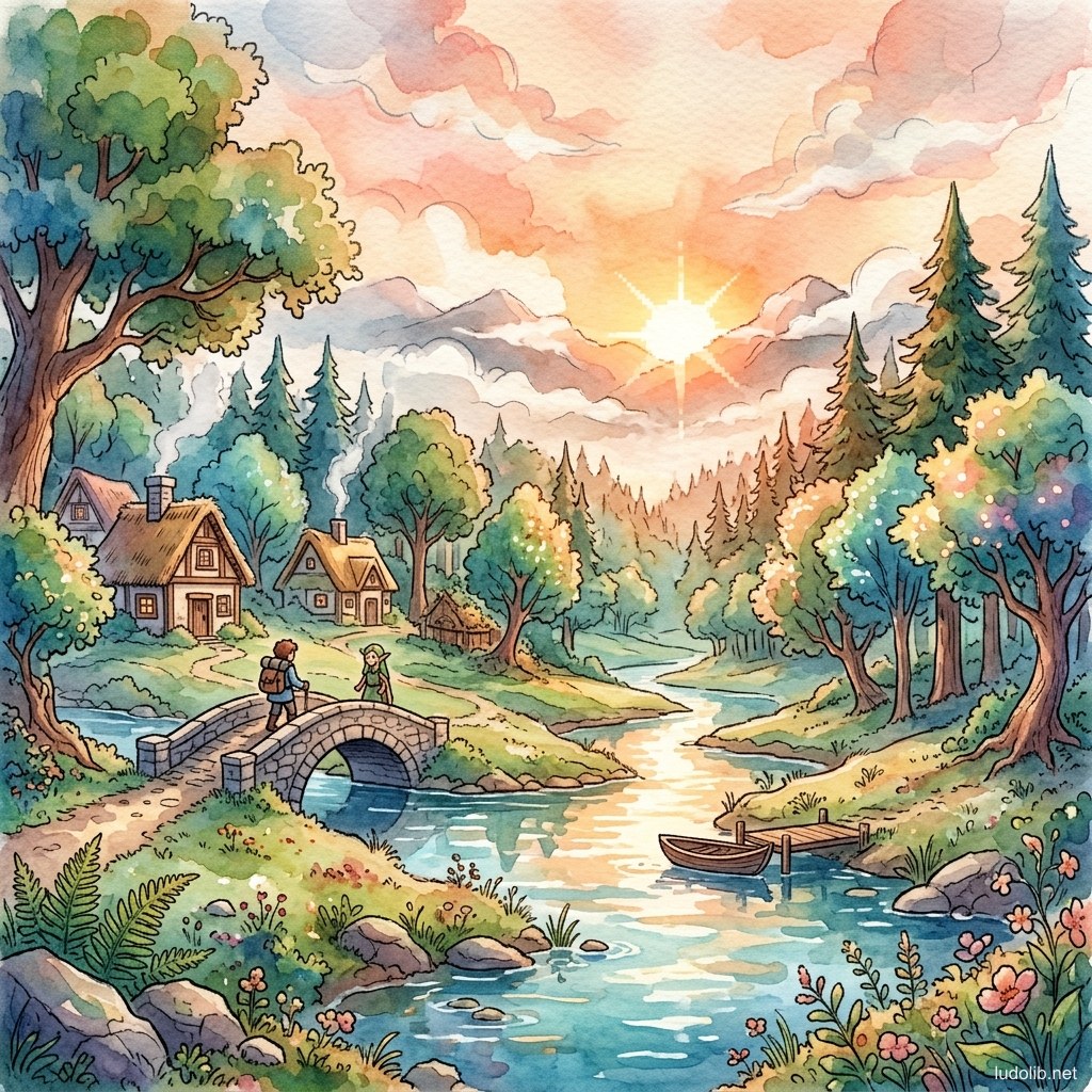 Cảnh game màu nước: các lớp wash màu trong suốt chồng lên nhau, viền loang mềm, texture giấy lộ phía sau, phong cảnh fantasy mơ mộng