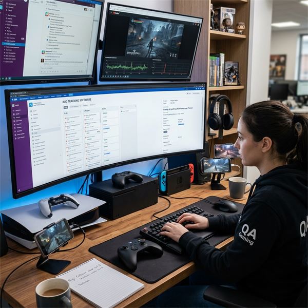 Khu vực làm việc của QA Tester với nhiều thiết bị chơi game