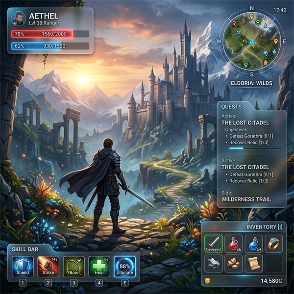 Minh họa giao diện HUD trong game RPG (Minh họa AI)